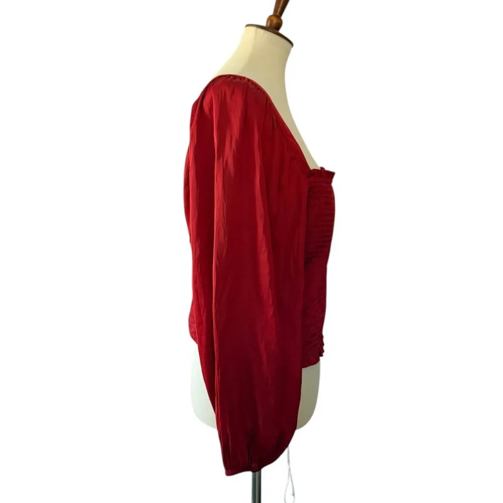 J. Crew Square Neck Smocked Featherweight Satin Top Red Large - Picture 4 of 6